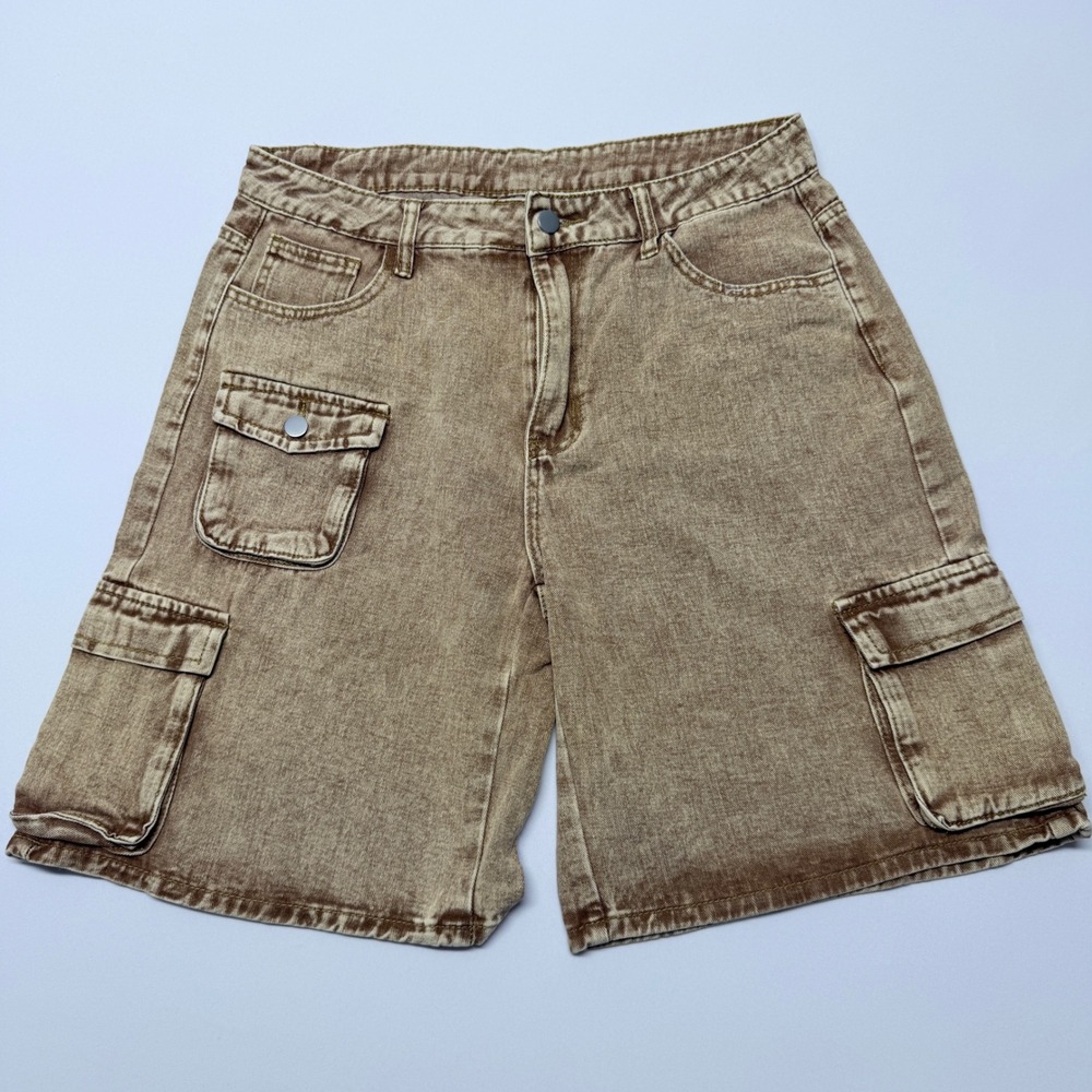 Brown Acid Wash Cargo Denim Shorts High Waisted Utility Wide Leg XL
